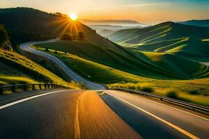 uma enrolamento estrada dentro a montanhas com a Sol contexto. gerado por IA foto