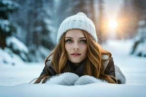 uma lindo jovem mulher deitado dentro a neve. gerado por IA foto