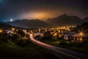 uma noite tiro do uma Cidade com luzes em a estrada. gerado por IA foto