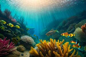 a embaixo da agua cena com coral recifes e peixe. gerado por IA foto