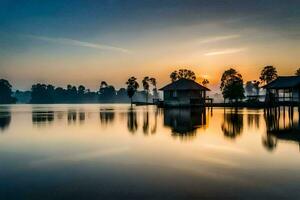 uma lago com uma casa em a costa às nascer do sol. gerado por IA foto