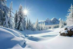 neve coberto árvores e a Sol brilhando sobre eles. gerado por IA foto