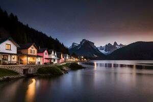 casas em a costa do uma lago às crepúsculo. gerado por IA foto