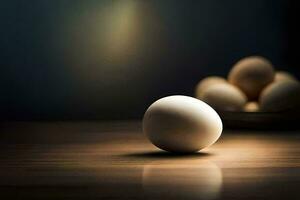 uma branco ovo em uma de madeira mesa. gerado por IA foto