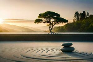 uma zen jardim com pedras e uma árvore. gerado por IA foto