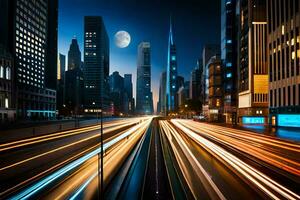 uma cidade rua às noite com tráfego luzes. gerado por IA foto