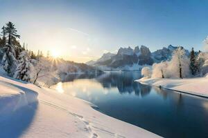 neve coberto árvores e montanhas às pôr do sol. gerado por IA foto