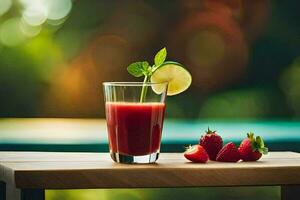 uma vidro do suco com morangos e Lima. gerado por IA foto