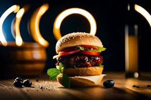 uma Hamburger com churrasco molho e tomates em uma de madeira mesa. gerado por IA foto