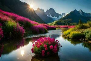 a Sol brilha em a flores dentro a montanhas. gerado por IA foto