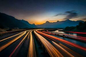 uma grandes exposição foto do tráfego em uma rodovia às pôr do sol. gerado por IA