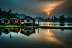 uma pequeno casa senta em a costa do uma lago às pôr do sol. gerado por IA foto