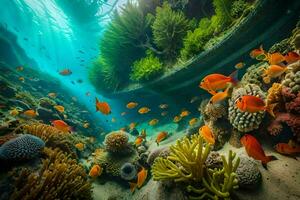 a embaixo da agua cena com coral recifes e peixe. gerado por IA foto