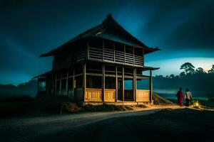 dois pessoas andar passado uma de madeira casa às noite. gerado por IA foto