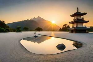 a Sol sobe sobre a montanhas e uma pagode dentro a meio do a lago. gerado por IA foto