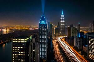 a cidade Horizonte às noite com tráfego luzes. gerado por IA foto