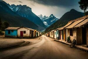 uma estrada dentro a montanhas com colorida casas. gerado por IA foto