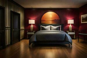 uma quarto com uma ampla cama e uma parede com uma pôr do sol. gerado por IA foto