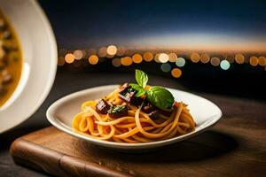 espaguete com almôndegas e tomate molho em uma de madeira mesa. gerado por IA foto