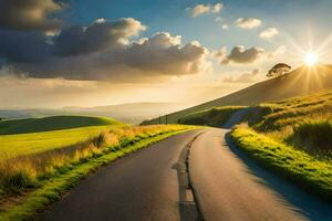 uma estrada dentro a campo com a Sol brilhando. gerado por IA foto