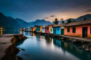 colorida casas linha a costa do uma rio às crepúsculo. gerado por IA foto