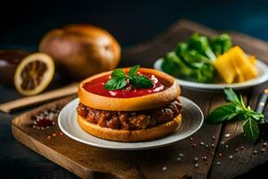 uma Hamburger com tomate molho e queijo em uma placa. gerado por IA foto