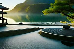 uma japonês pagode senta em a Beira do uma lago. gerado por IA foto