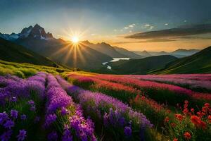 a Sol sobe sobre uma campo do flores dentro a montanhas. gerado por IA foto