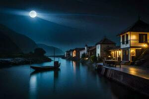 uma barco senta em a água às noite com uma cheio lua. gerado por IA foto