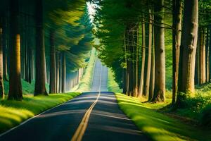 uma grandes estrada através a madeiras com árvores em ambos lados. gerado por IA foto