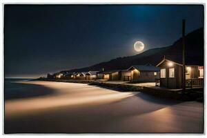 uma cheio lua sobre a de praia às noite. gerado por IA foto