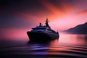 uma barco dentro a oceano às pôr do sol. gerado por IA foto
