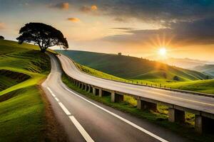 uma estrada com uma árvore dentro a meio do a estrada às pôr do sol. gerado por IA foto