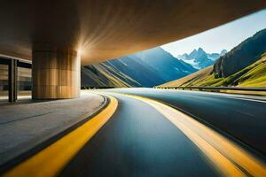uma rodovia com uma túnel e montanhas dentro a fundo. gerado por IA foto