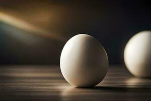 dois ovos em uma mesa com uma luz atrás eles. gerado por IA foto