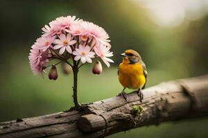 uma pássaro é empoleirado em uma ramo com Rosa flores gerado por IA foto