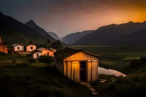 uma pequeno cabine dentro a montanhas às pôr do sol. gerado por IA foto