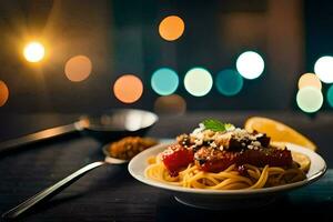 uma prato do espaguete com tomate e queijo em uma mesa com uma luz fundo. gerado por IA foto