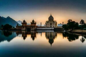 a taj mahal é refletido dentro a água às pôr do sol. gerado por IA foto