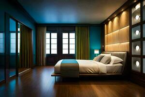 uma quarto com uma cama e de madeira pavimentação. gerado por IA foto