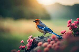 foto papel de parede a céu, pássaro, flores, natureza, primavera, a pássaro, a azul,. gerado por IA