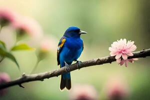 uma azul pássaro senta em uma ramo com Rosa flores gerado por IA foto