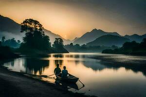 dois pessoas dentro uma barco em a rio às pôr do sol. gerado por IA foto