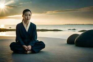 uma mulher dentro uma quimono senta em a de praia às pôr do sol. gerado por IA foto