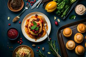 uma mesa com Comida e utensílios em isto. gerado por IA foto