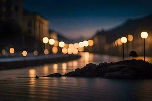 uma cidade rua às noite com luzes em a água. gerado por IA foto