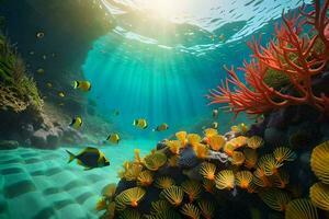 embaixo da agua cena com coral recifes e peixe. gerado por IA foto