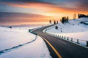 uma estrada dentro a neve com uma pôr do sol. gerado por IA foto