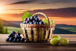 uvas dentro uma cesta em uma de madeira mesa. gerado por IA foto