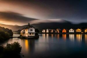 foto papel de parede a céu, água, montanhas, casas, lago, a casa, a lago,. gerado por IA